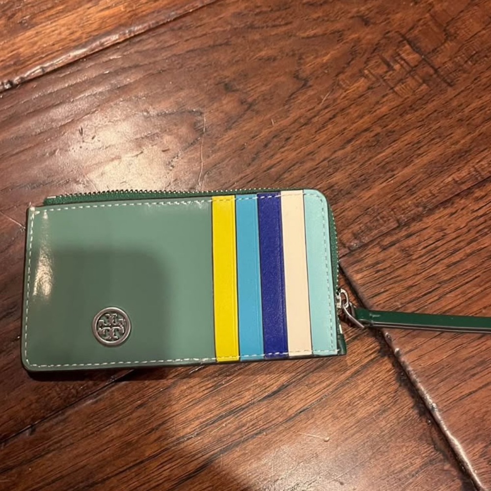 Tory Burch Green and Striped Card Holder